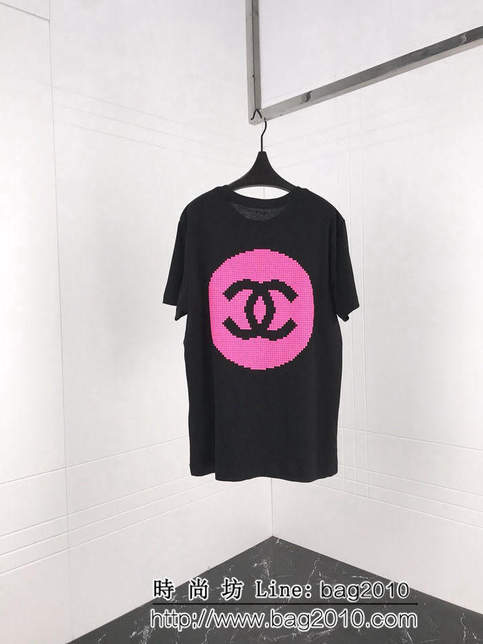 CHANEL香奈兒 19ss CoCo game center 限定款 前後發泡顆粒3D粉LOGO 定制棉黑色短袖 高版本男女同款 ydi2394